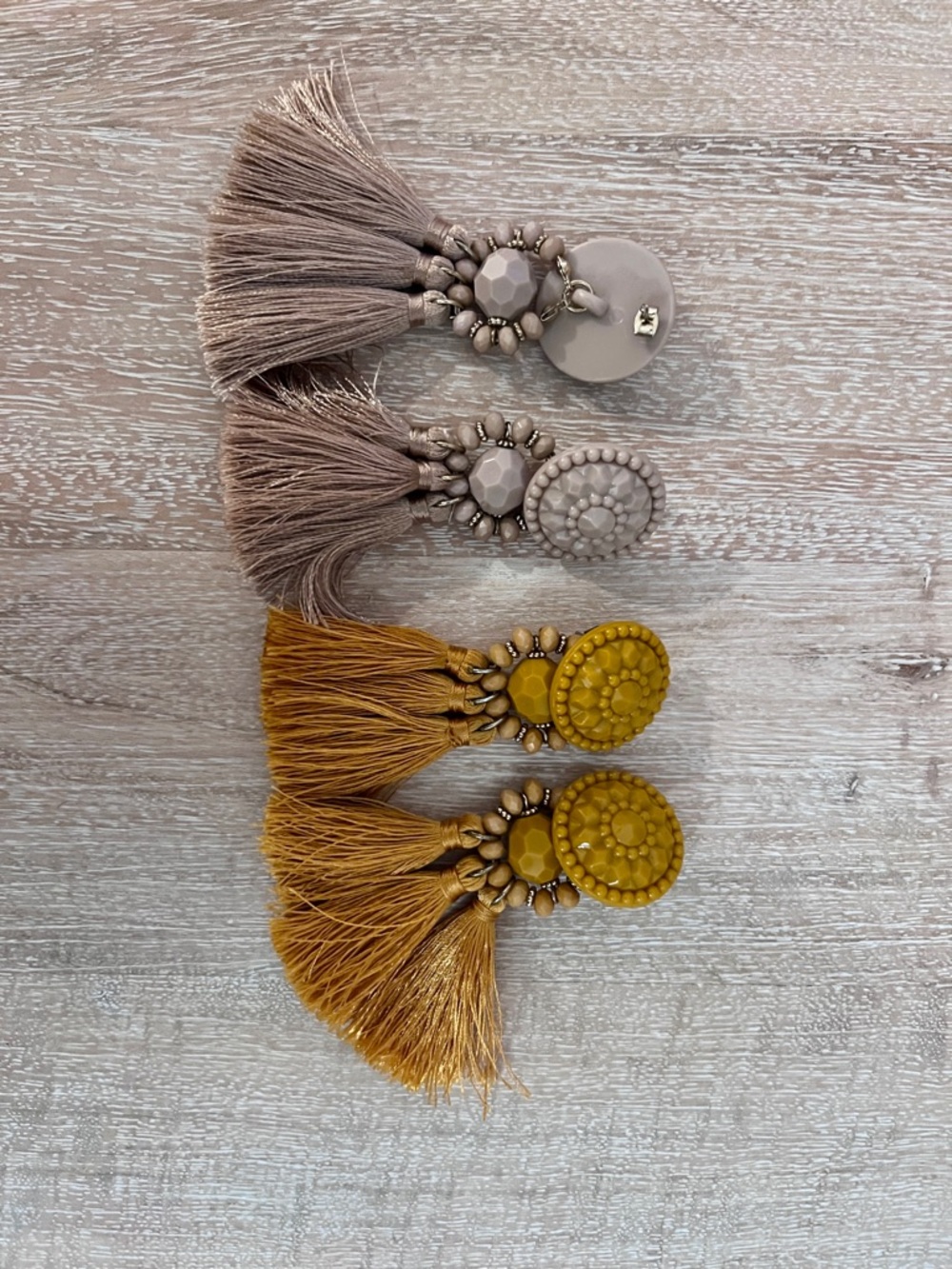 Set of 2 Light Purple & Mustard Yellow Bohemian Tassle Statement Earrings